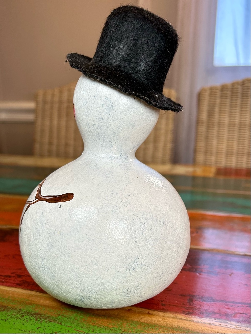 Vintage Hand Painted Gourd Snowman Winter Folk Art Decor Signed 2002 - Picture 6 of 13